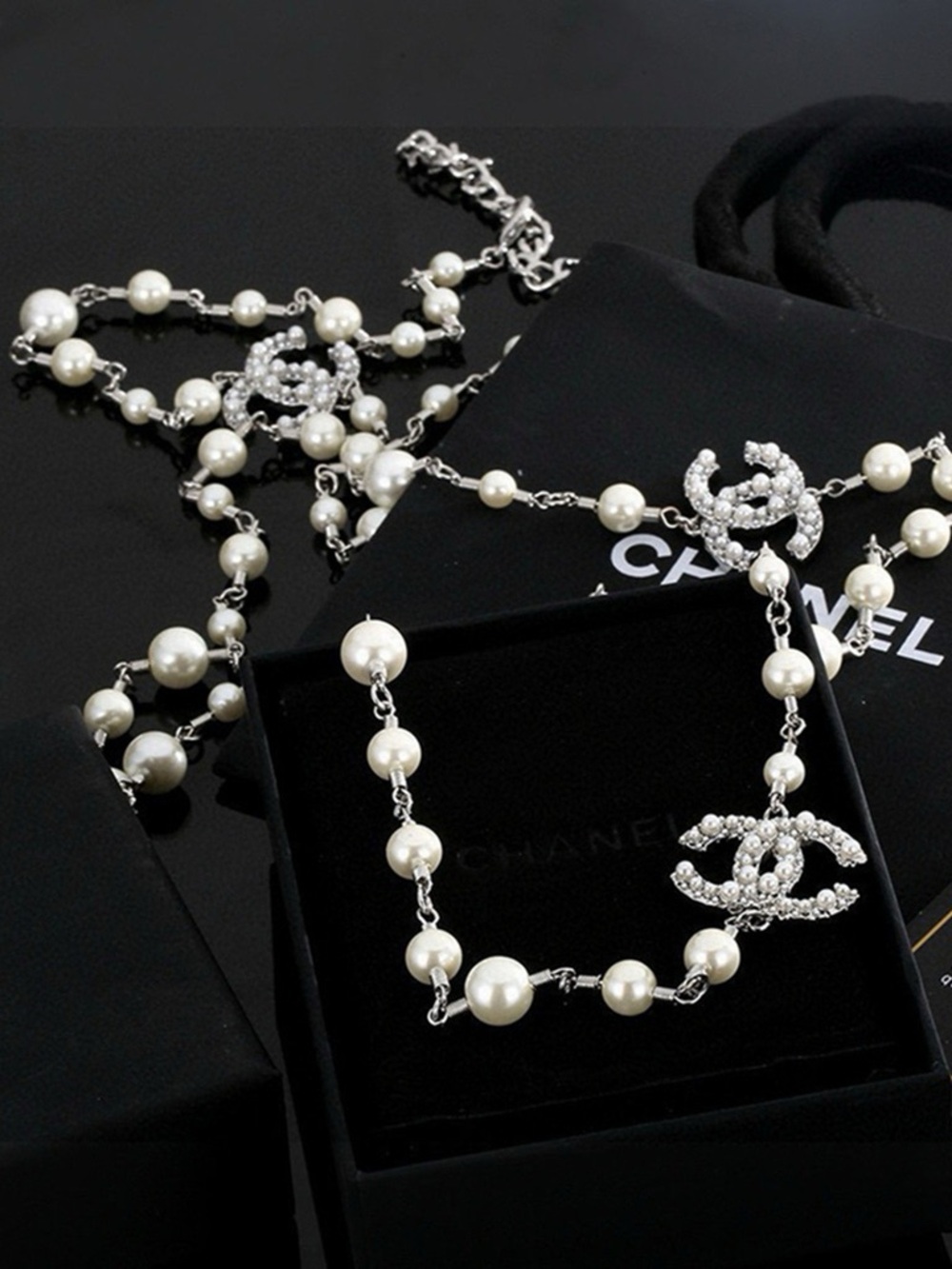Pearl and Silver-Tone Logo Pendant Necklace in White and Silver